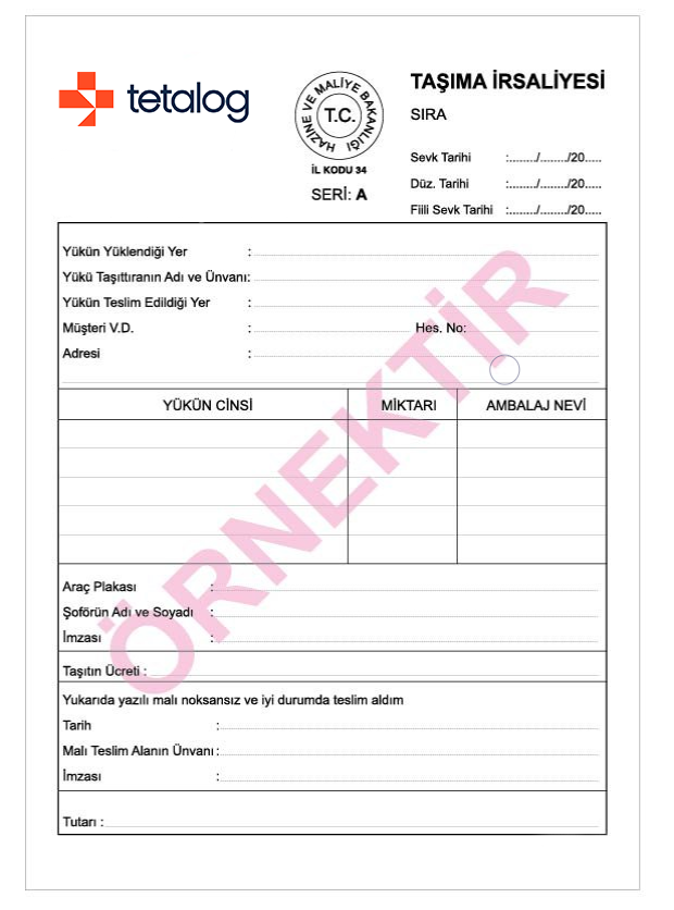 Sample of a waybill